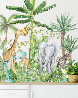 Cartoon Tropical Rainforest Animals Elephant Giraffe Nordic Plant Wall Stickers Sofa Kids Bedroom Background Corridor Decoration