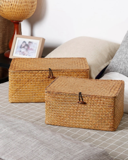 Seaweed Storage Box with Lid Hand-woven Storage Basket for Sundries Cosmetic Container Rectangular Wardrobe Laundry Basket0